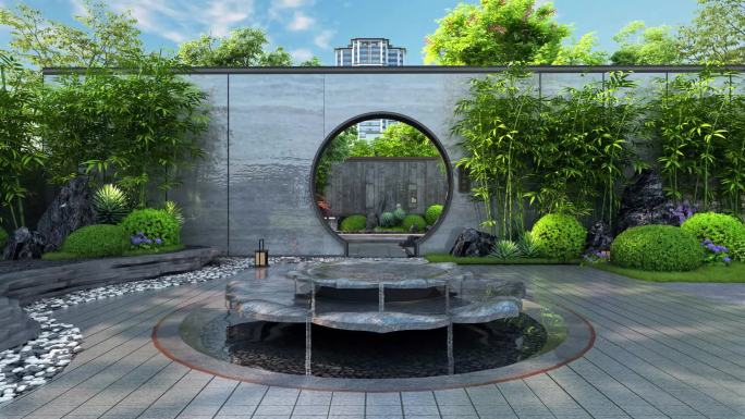 新中式园林景观水台设计效果