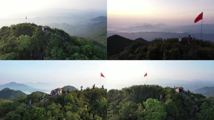 航拍日出云海越野跑步山顶奔跑励志多人晨跑