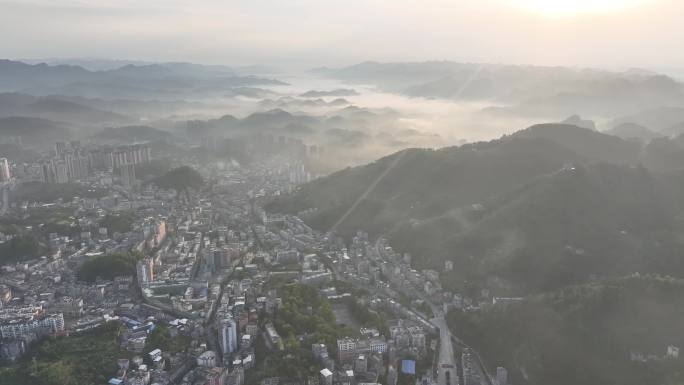 咸丰清晨平流层薄雾大景4K航拍