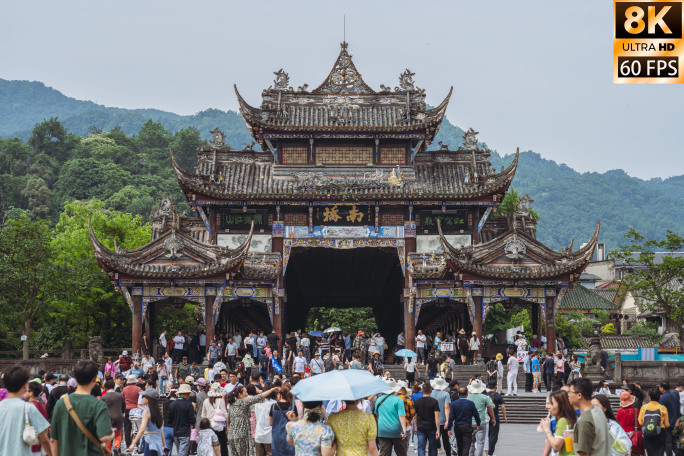 8K60帧都江堰南桥人流旅游延时