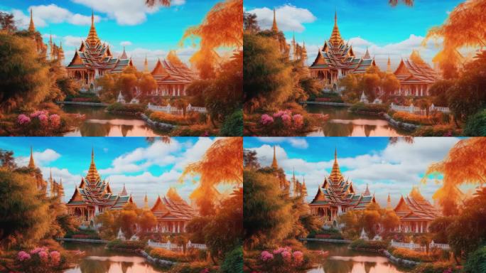 东南亚建筑泰国金色皇宫宫殿民俗舞蹈大屏