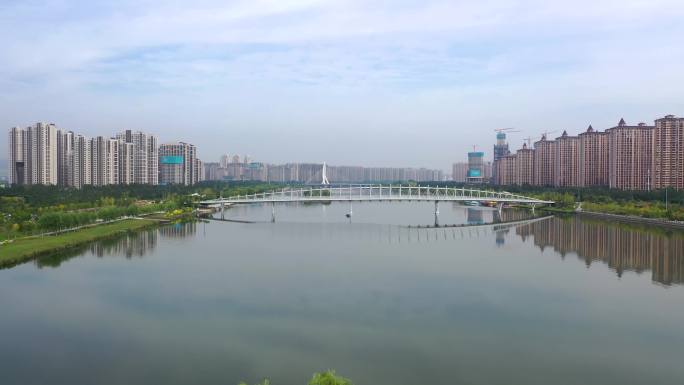 4K航拍山西太原汾河景观步行桥皇冠桥