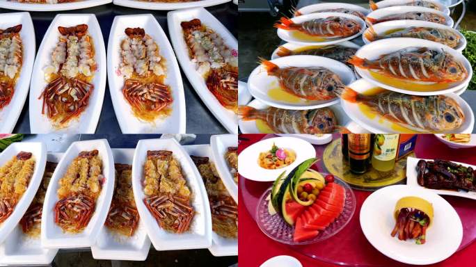 4K宴席桌、长寿鱼、海鲜龙虾实拍