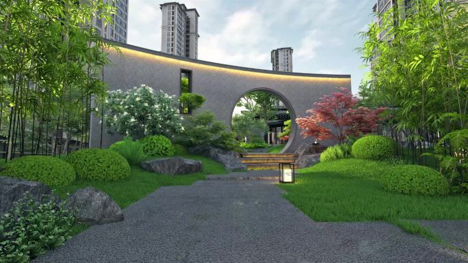 新中式园林造景屏风效果
