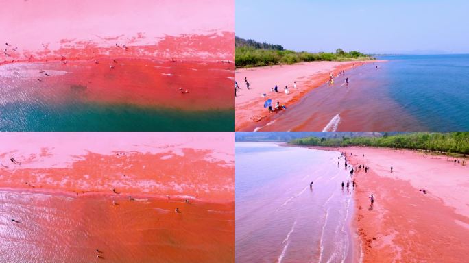 红沙滩红色浪漫海滩红蓝交接