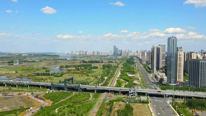 哈尔滨群力新区阳明滩大桥夏季航拍城市宣传
