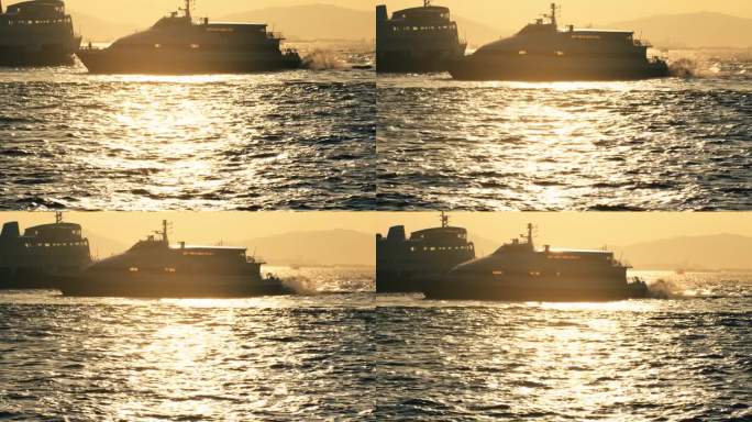 唯美夕阳下轮船驶过香港海港空镜