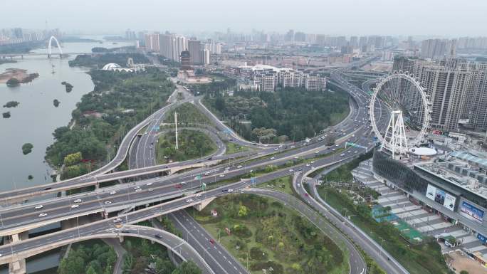 临沂祊河 航拍双岭路大桥摩天轮滨河万达