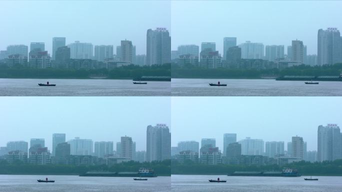 武汉长江岸边城市大厦 江面行驶的船只