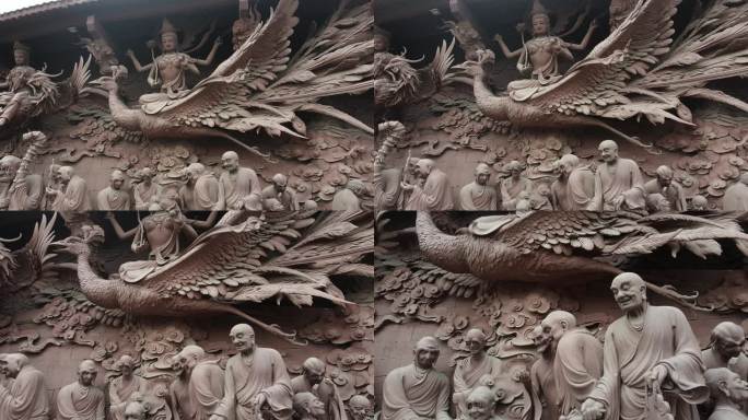 仰视佛像雕刻仙鹤菩萨罗汉后飞