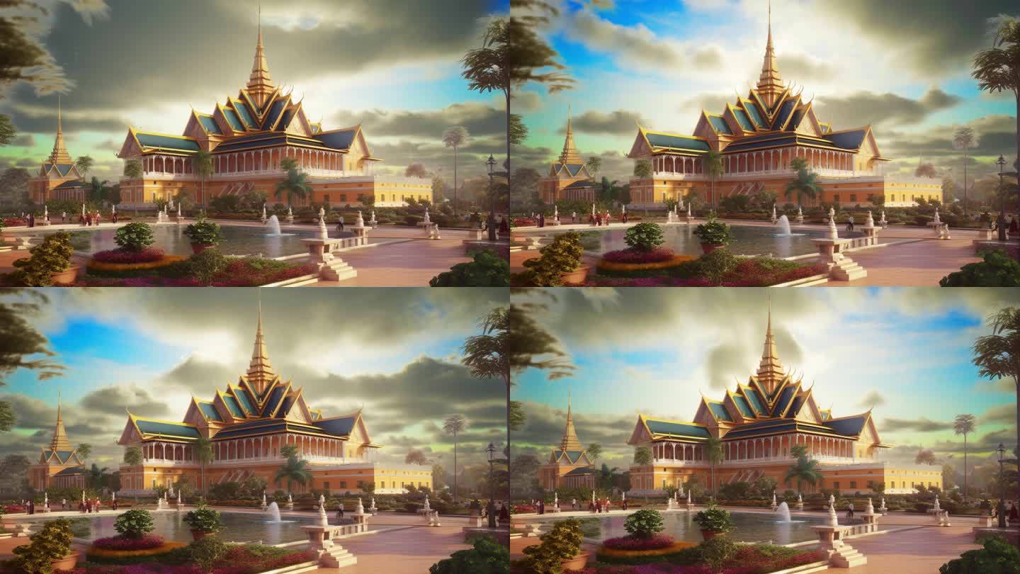 东南亚建筑柬埔寨华丽皇宫寺庙民俗舞蹈大屏