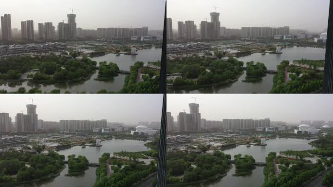 航拍淄博新区水系公园CBD城市建筑群