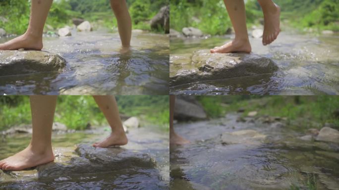 夏天小孩赤脚小溪玩耍的慢镜头