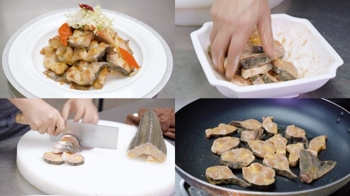 煎焗鲟鱼鱼块鱼段厨师烹饪过程