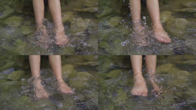 泡脚 戏水 撩水儿童玩水 石子山泉水流水
