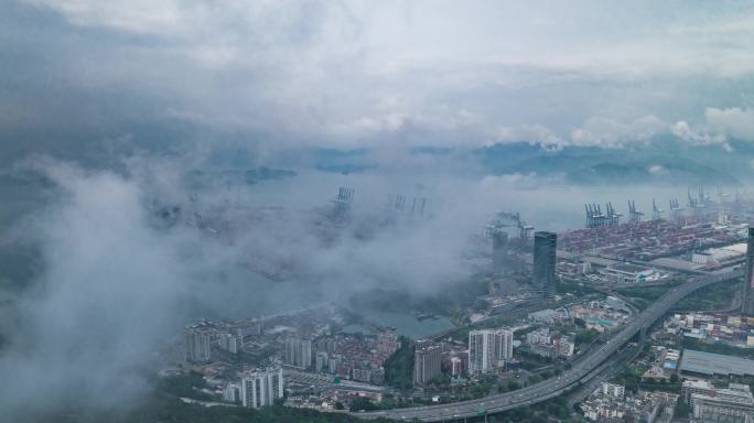 盐田航拍深圳盐田港船舶停靠