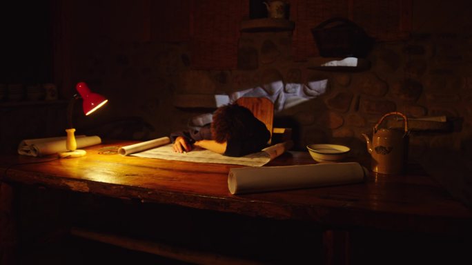 80年代趴在桌上台灯下睡着的学生
