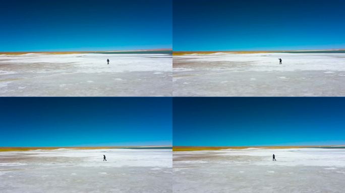 白色湖岸 盐体 盐浆 走路步行 影子