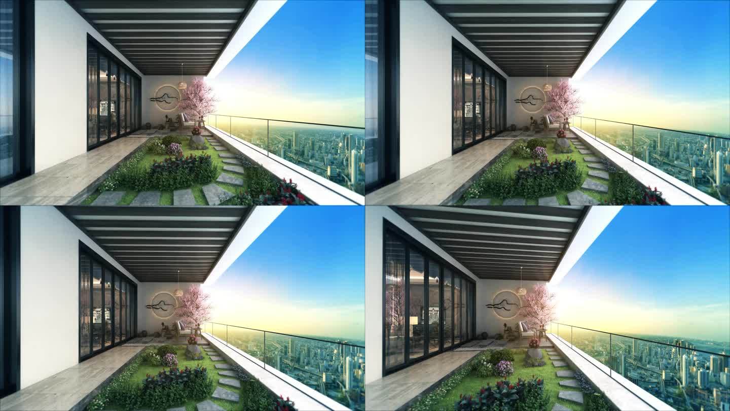 三维动画新中式超大阳台花园