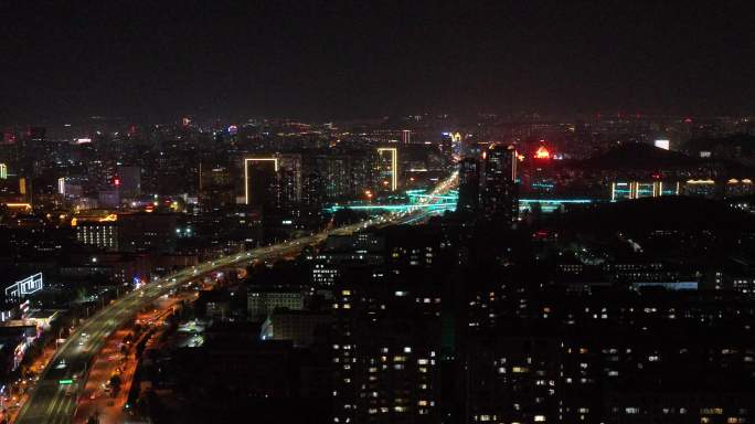 航拍济南燕山城市夜景