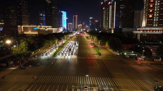 航拍济南经十路主城区夜景