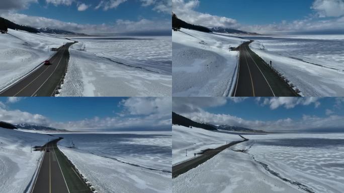 航拍冰雪赛里木湖环湖路