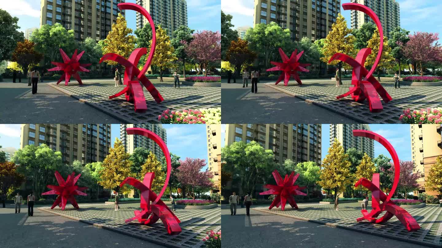 三维动画园林雕塑红色