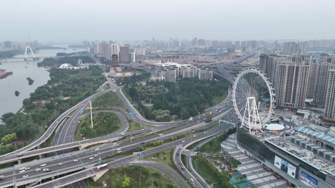 临沂祊河滨河万达书法广场航拍双岭路