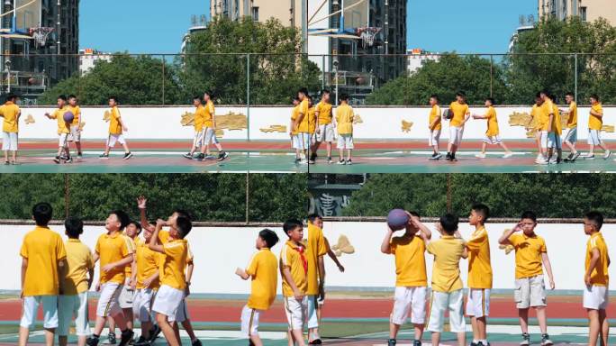 一群小学生课余时间在操场打篮球