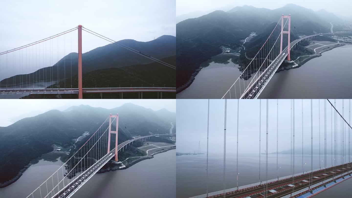 航拍多角度浙江舟山西堠门大桥清晨阴天云雾