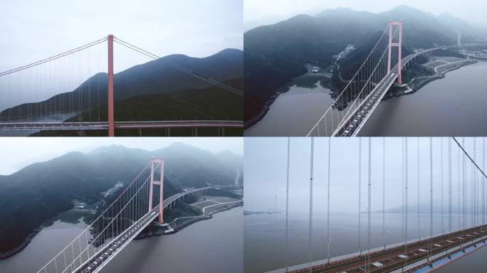 航拍多角度浙江舟山西堠门大桥清晨阴天云雾