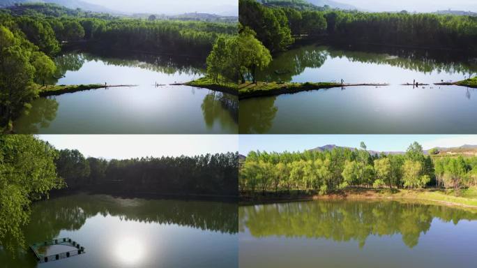 航拍在山林山间小湖钓鱼