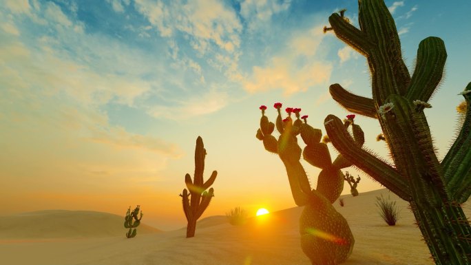 干旱沙漠植物仙人掌日出日落