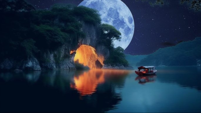 月圆之夜湖面山洞动态场景舞台大屏