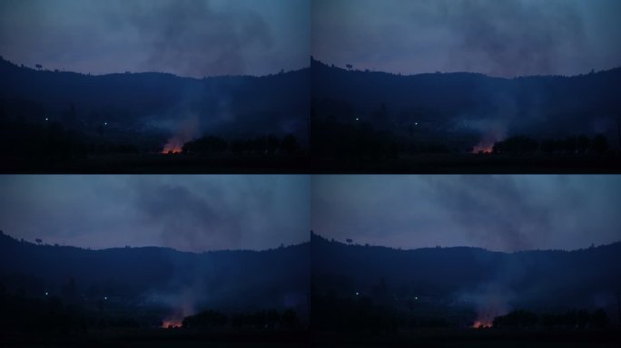 山村夜晚田野火堆寂静