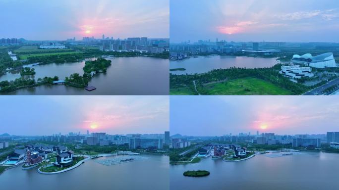 航拍南通市崇川区紫琅湖夕阳晚霞风景