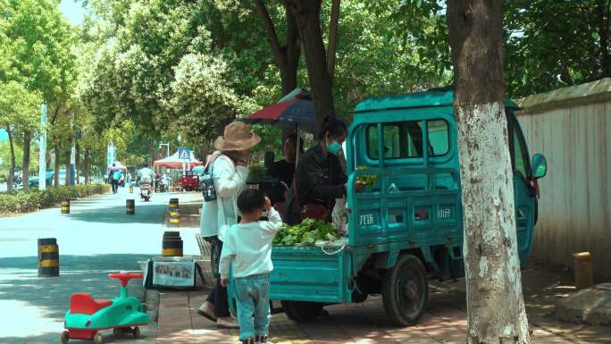 农民在马路边三轮车卖菜