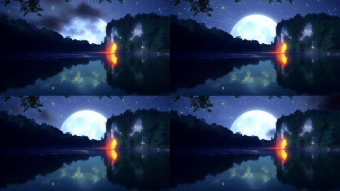 月圆之夜湖面山洞动态场景舞台大屏2