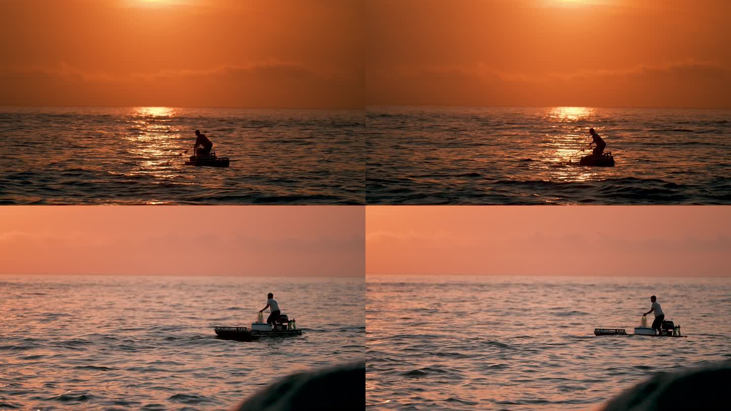 日出收网渔船-慢镜头