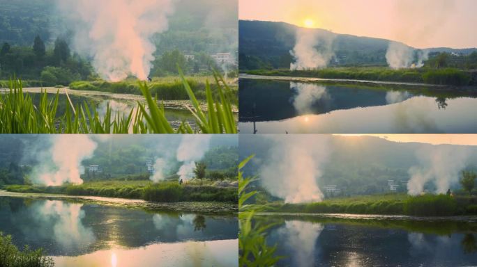 田野燃烧秸秆还田丰收景象