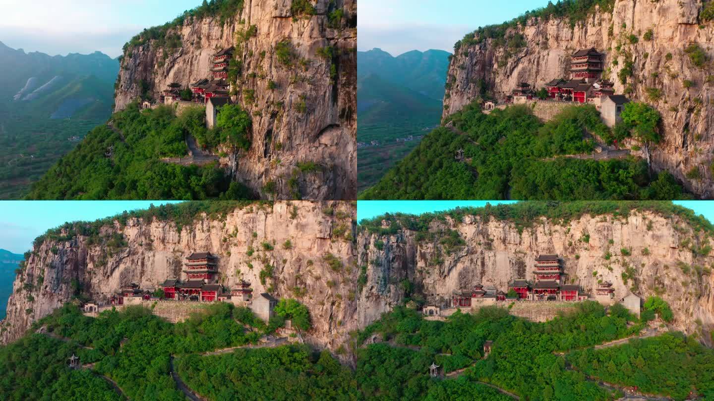 航拍悬崖峭壁上的古代寺庙楼阁