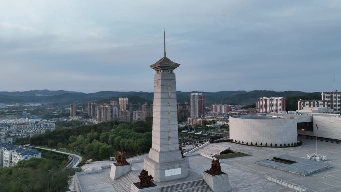 航拍丹东抗美援朝纪念馆纪念塔朝鲜鸭绿江