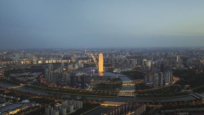郑东新区CBD城市风光天际线夜景航拍视角