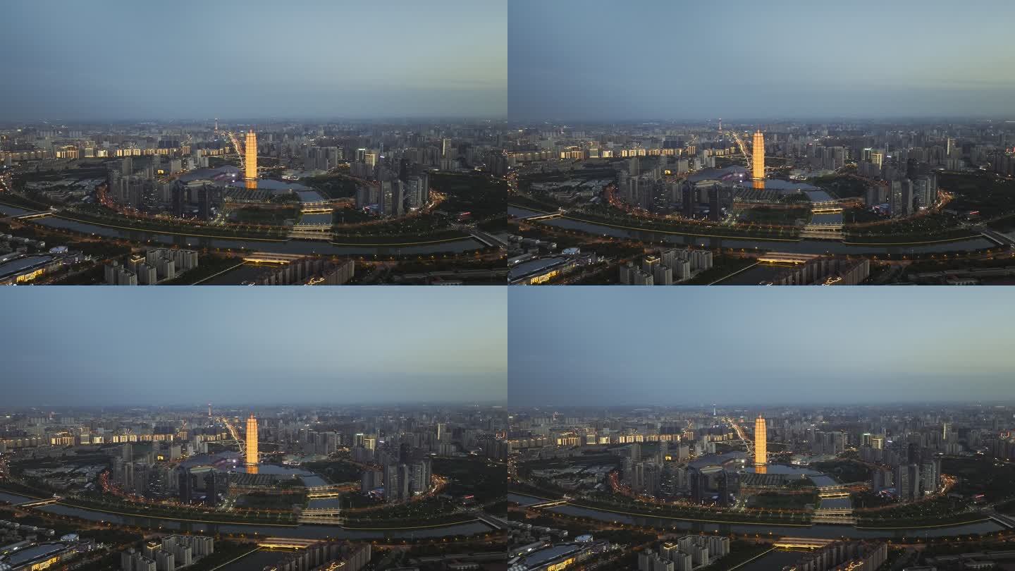 郑东新区CBD城市风光天际线夜景航拍视角