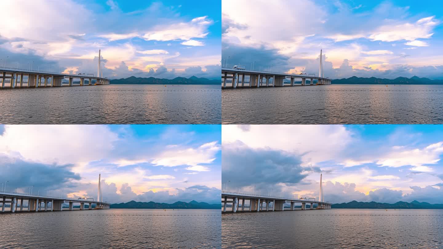4K深圳湾大桥日出航拍延时摄影城市风光