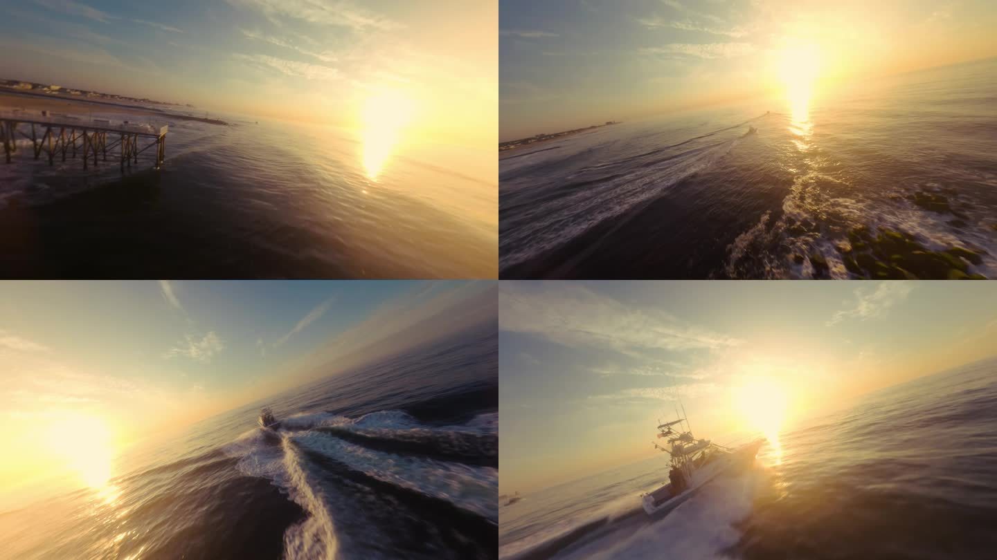 FPV无人机航拍海上日出沙滩海浪游艇海鸟