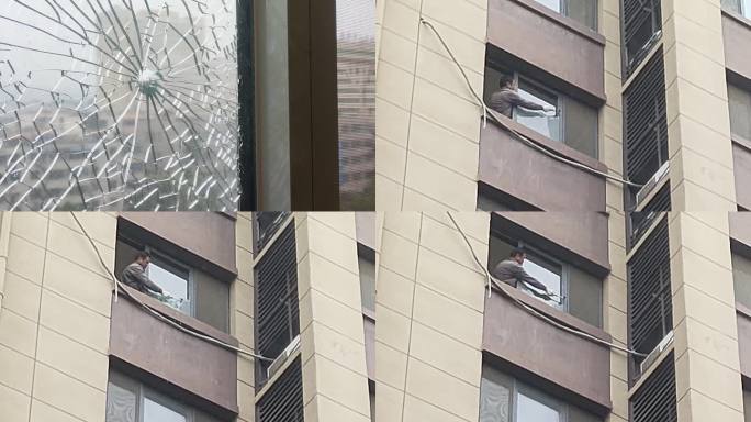 实拍高层窗户玻璃被砸碎维修