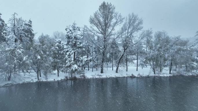 航拍吉林延边长白山美人松雕塑公园雪景街道