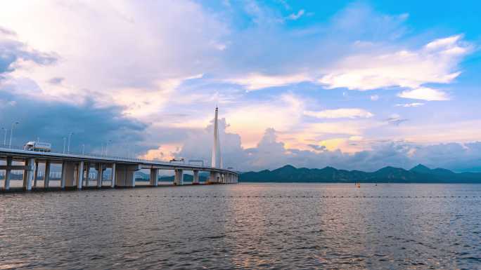 8K深圳湾大桥日出航拍延时摄影城市风光