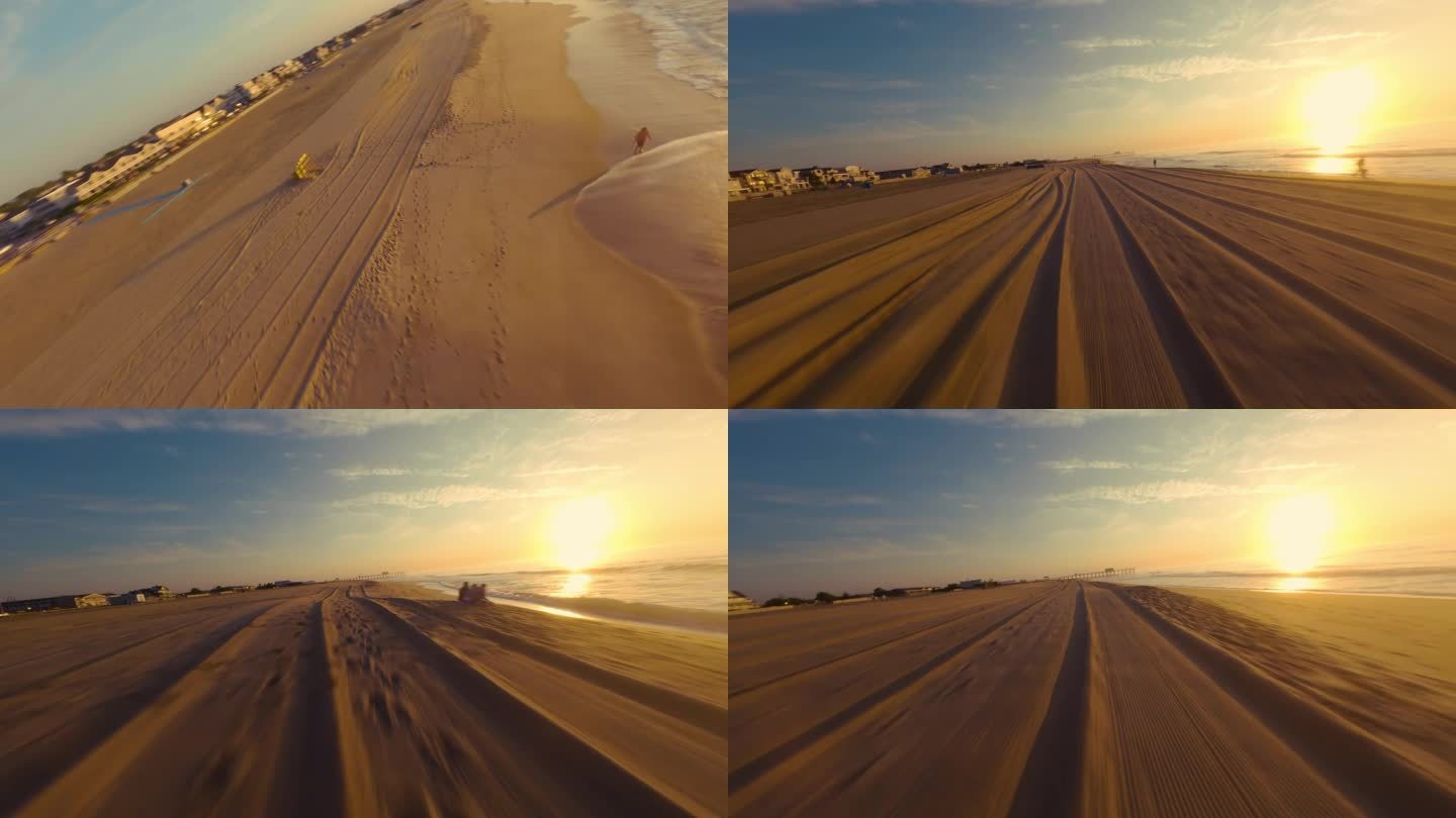 FPV无人机航拍大海日出日落海浪冲击沙滩